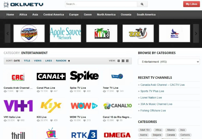 image of OK Live TV site home page